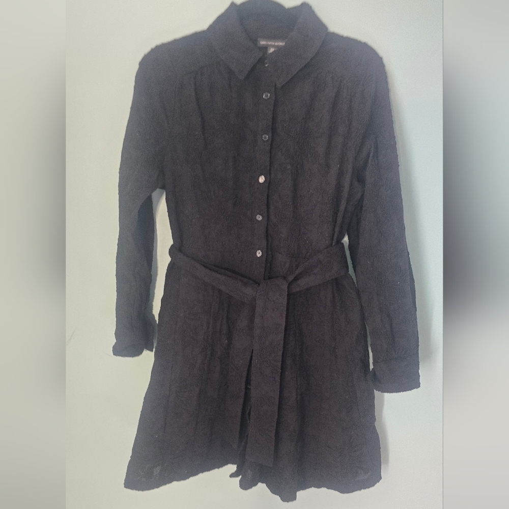 Saks Fifth Avenue Belted Black Cotton Lace Embellished Shirt Dress